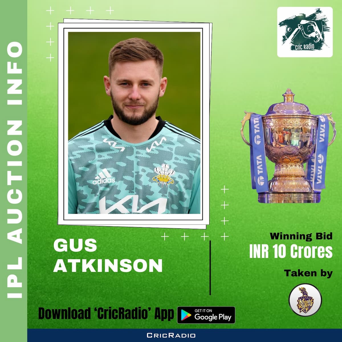 ⚡ Gus Atkinson Joins Kolkata Knight Riders!